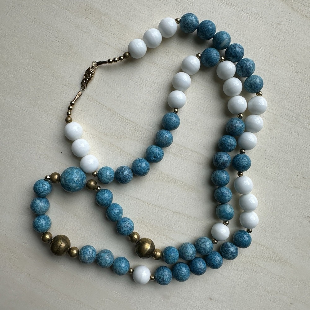 Vintage Asia Artisan Beaded Necklace 28 Inch Blue White Gold Plated Round Strand